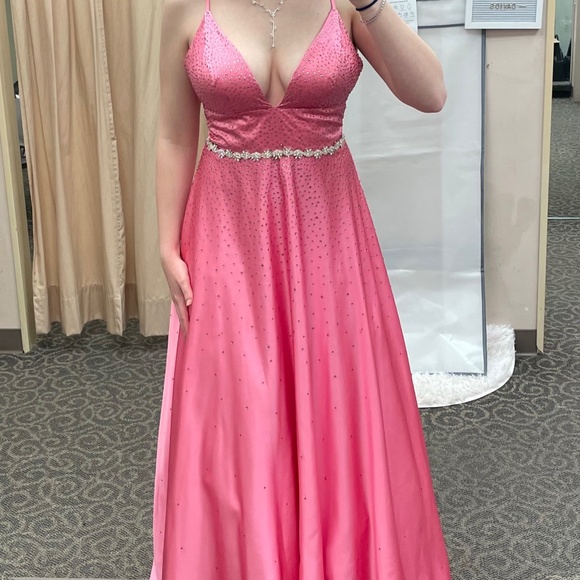Prom Gown - Pink Full Length Lace-up back with Crystal bling worn once - Picture 2 of 13